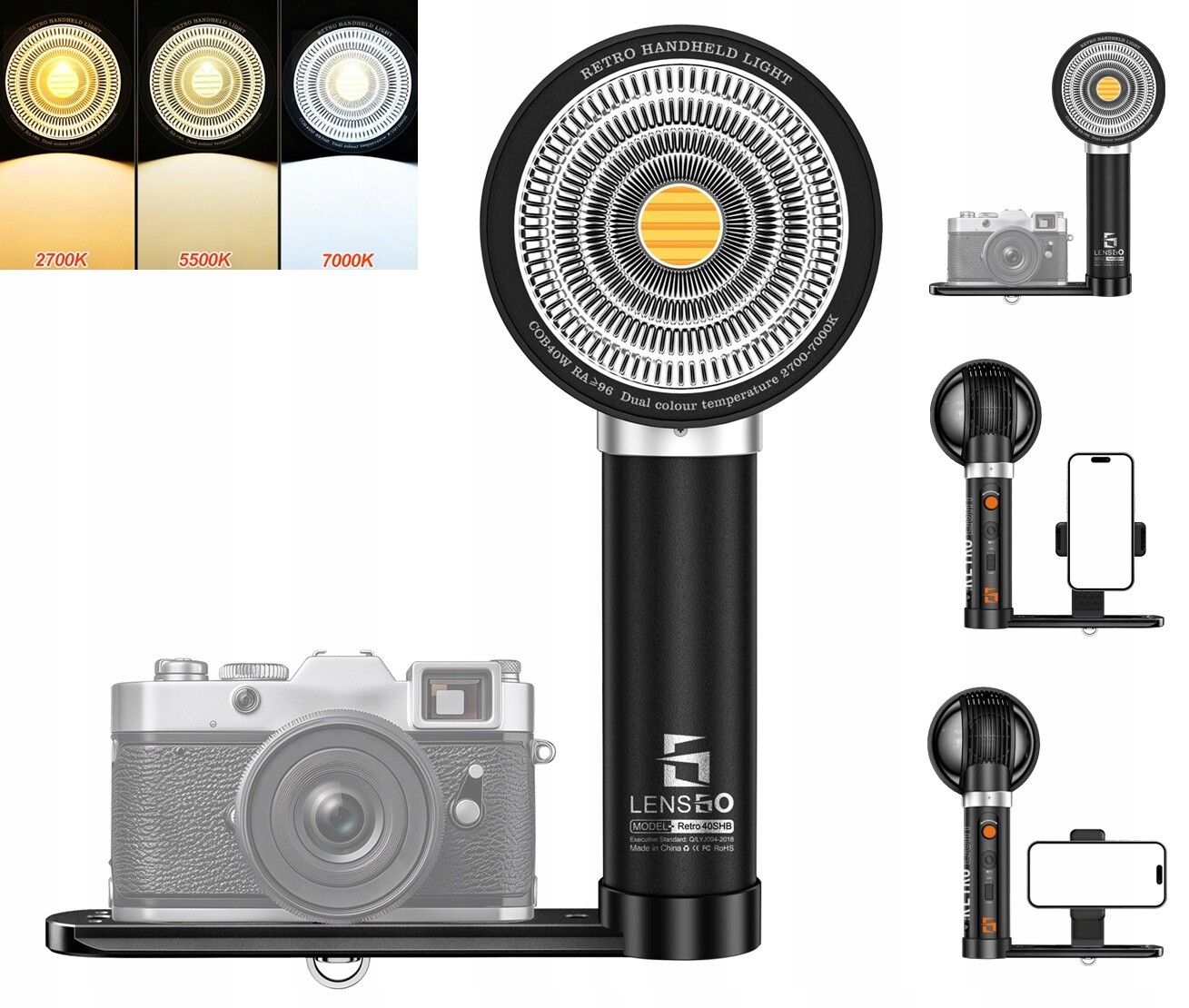 Ruční Led lampa 40W Cob 3v1 Bi-Color 2700-7000K lišta držák telefonu