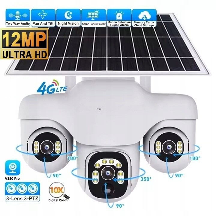 Venkovní Solární Kamera 3x4MP Sim Karta 4G Lte 3xPTZ 10xZOOM Otočná