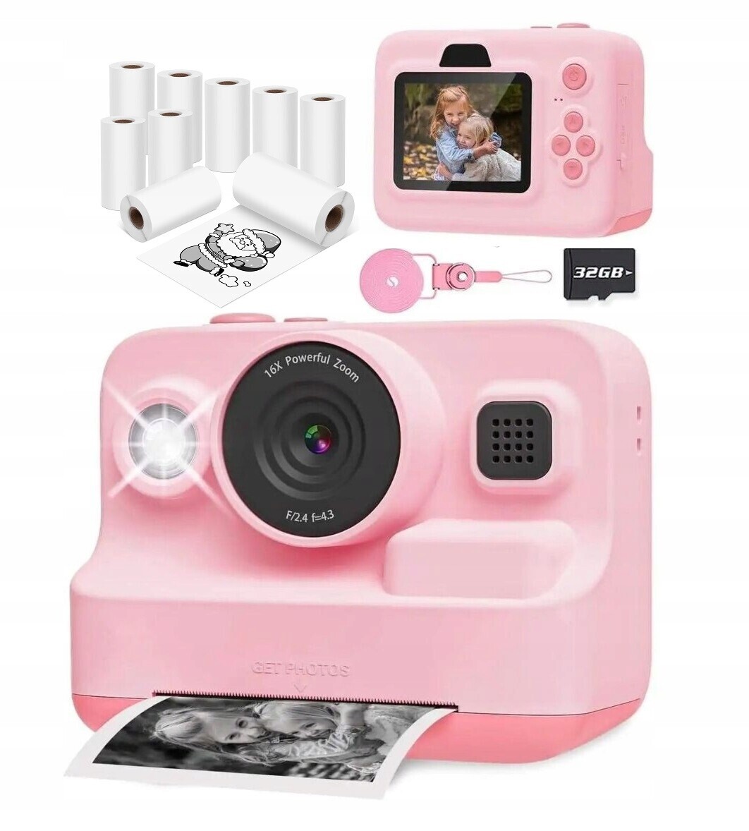 Okamžitý Tiskový Fotoaparát Pro Děti Mini Tiskárna 13 Rolí a Karta 32GB