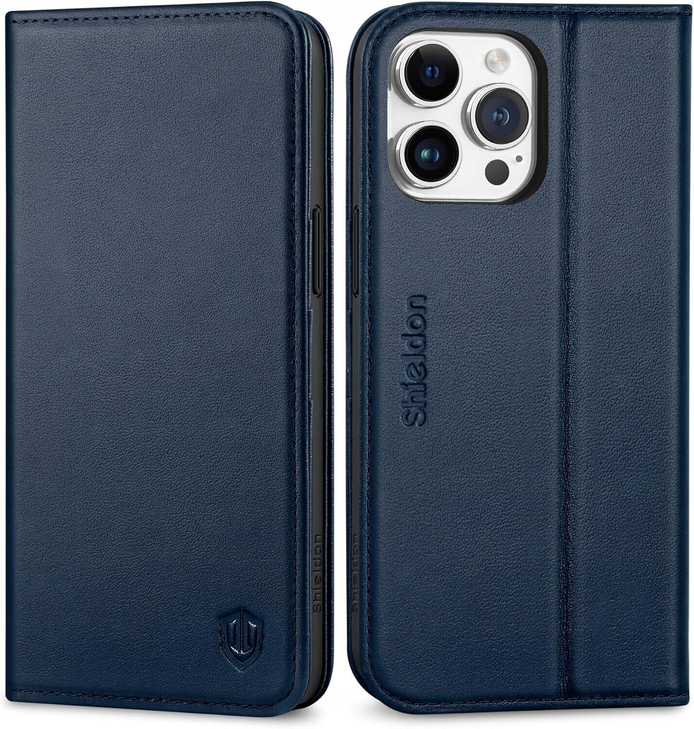 Shieldon přírodní pouzdro pro iPhone 15 Pro Max 2v1 peněženka tmavě modrá