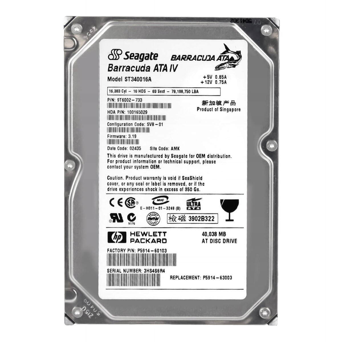 Hp P5914-60103 40GB 7.2K 2MB Ata 3.5'' ST340016A