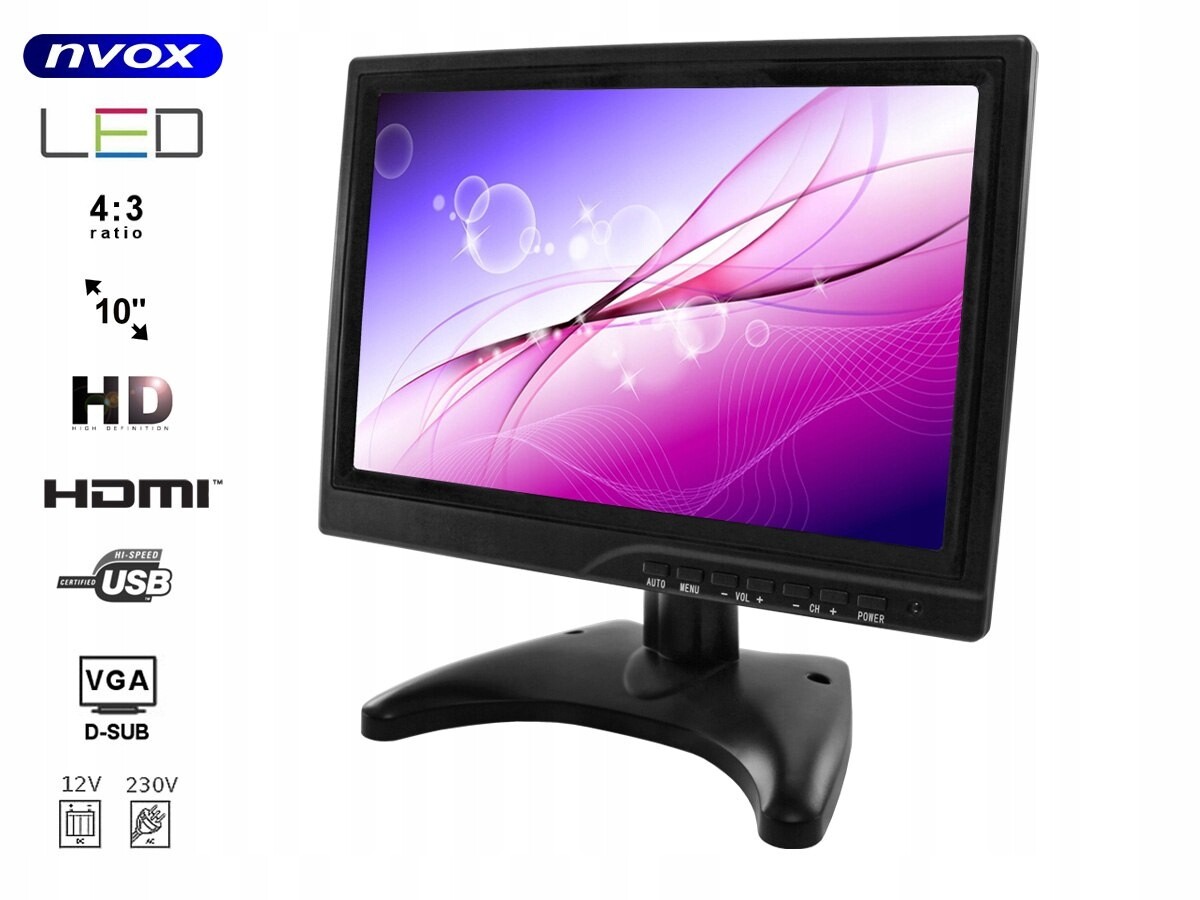 Led monitor Hd 10 palců Hdmi Vga Usb Av Bnc 12V 230V... (nvox PC1018 Hd)