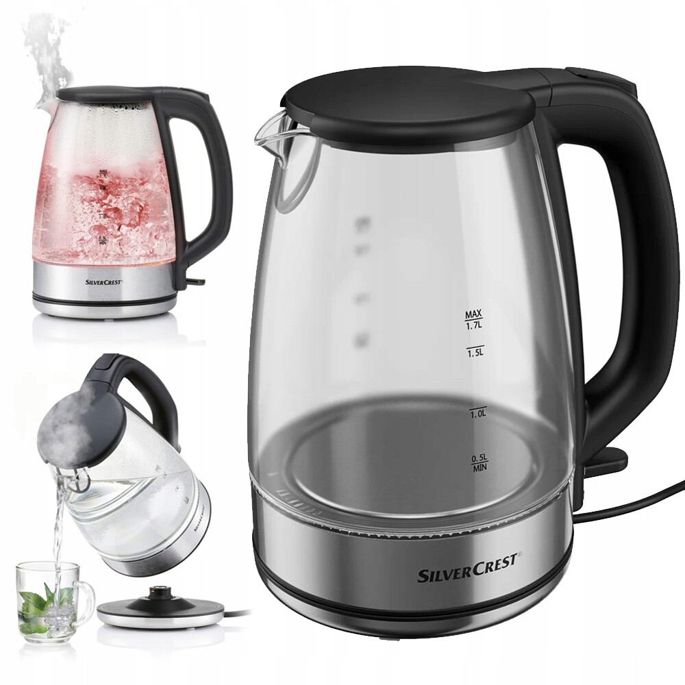 Elektrická varná konvice Silvercrest skleněná s Led podsvícením 3000 W 1.7 l