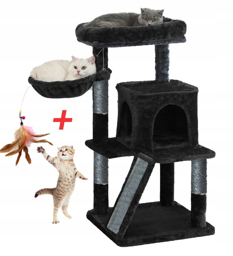 Drapak Pro Kočky Černý Domeček Budka Dřevo Pelíšek 105 cm