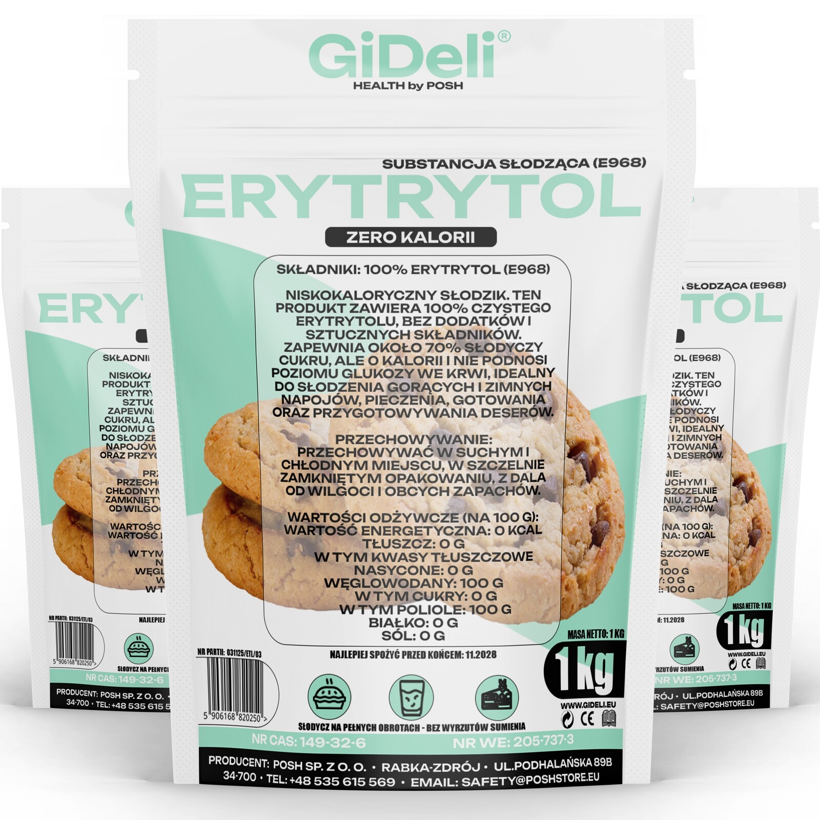 GiDeli Erythritol 3x 1 kg Přírodní sladidlo bez kalorií, náhrada cukru