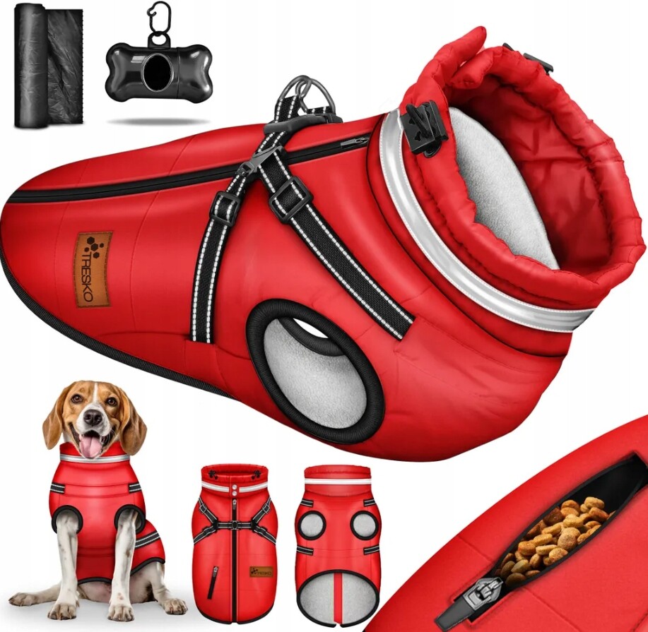 Tresko zimní bunda pro psa s postrojem a odrazkami, červená, velikost M