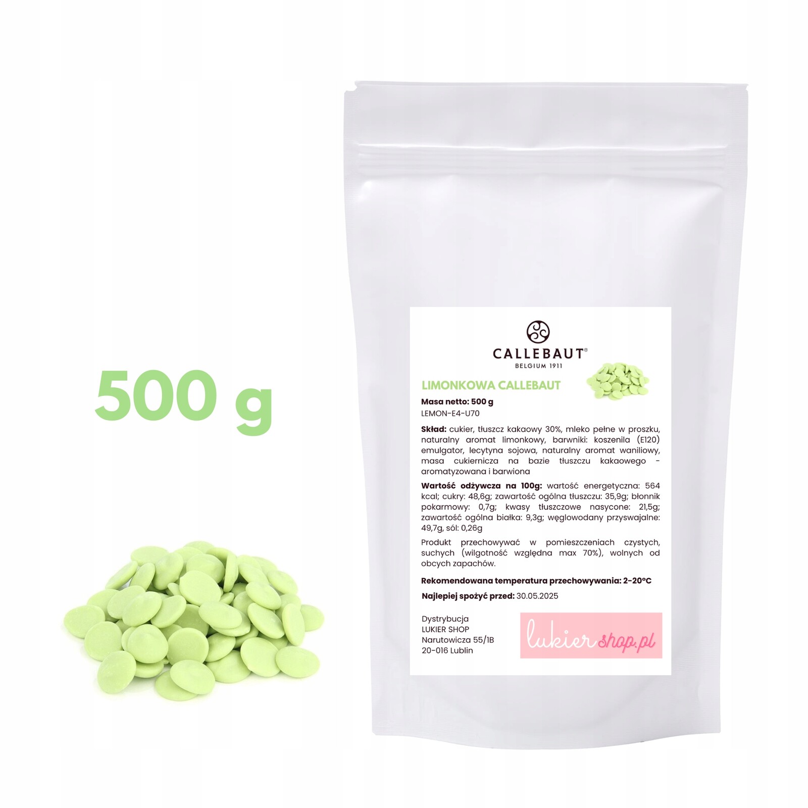 Čokoláda s příchutí dropsy Callebaut limetková 500 g 0,5 kg