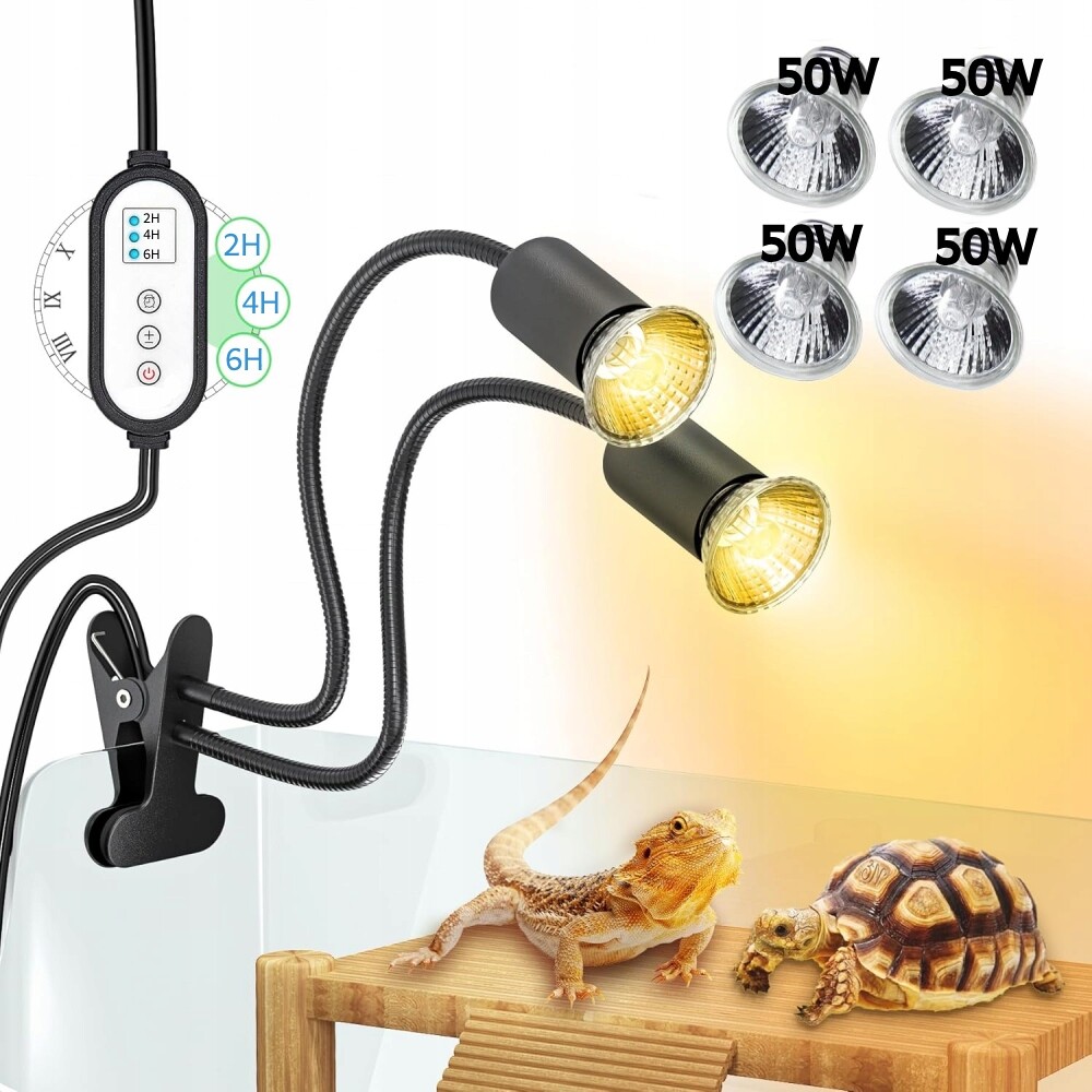 Dvouhlavá tepelná lampa Reptile, 4 Uva Uvb žárovky E27, nastavovací klip, 50W