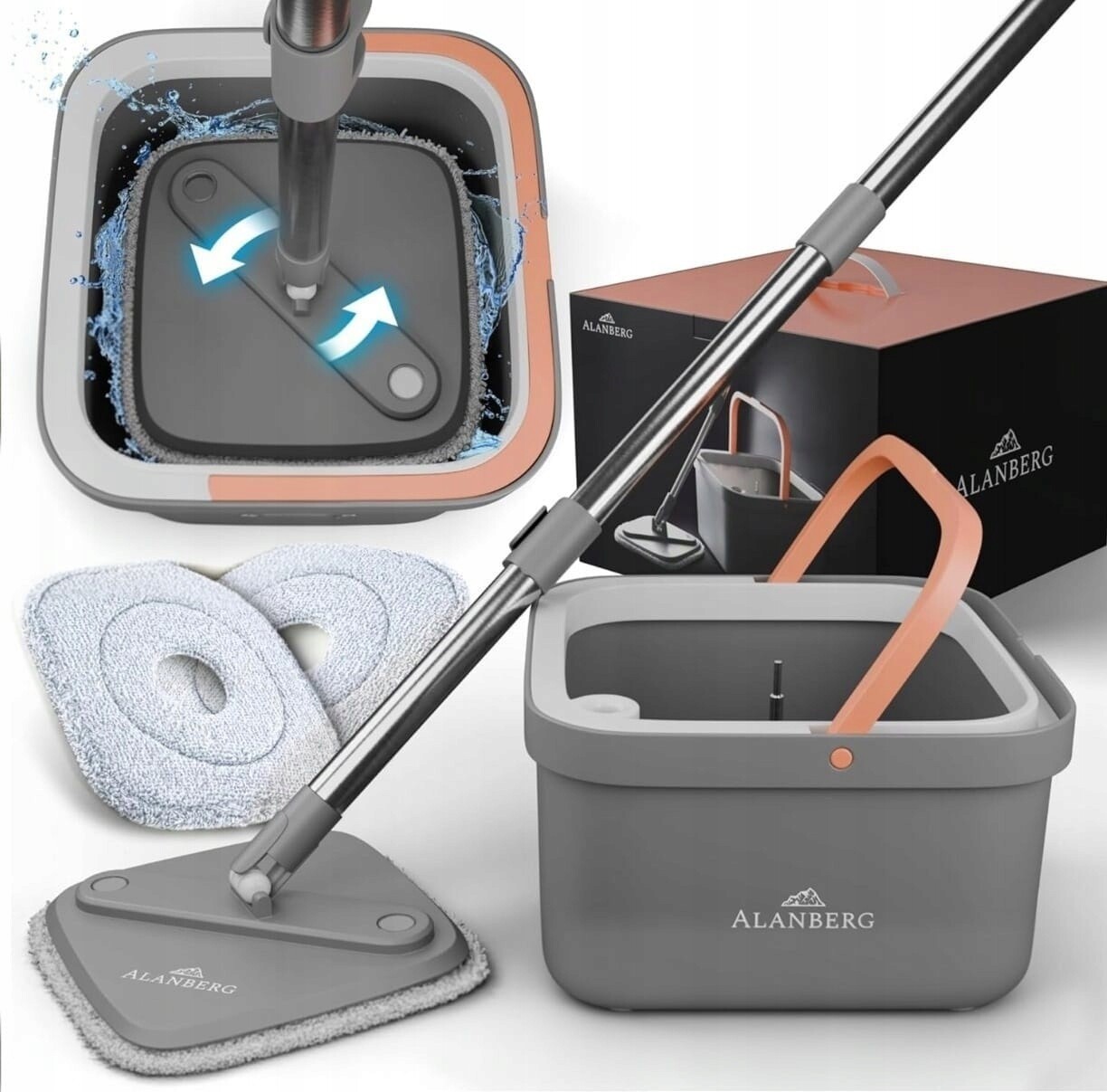 Rotační Mop S Kbelíkem Alanberg 2-KOMOROVÝ Teleskopický 160 CM, Čistá Voda