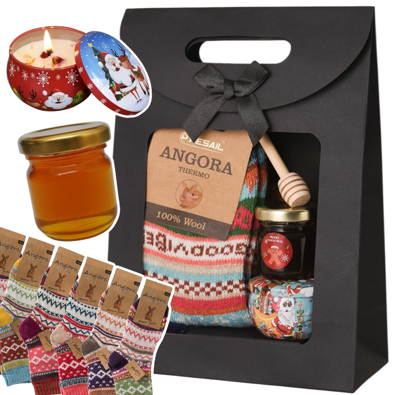 Dárková sada Vánoční Med ponožky Angora vonná svíčka Sójová