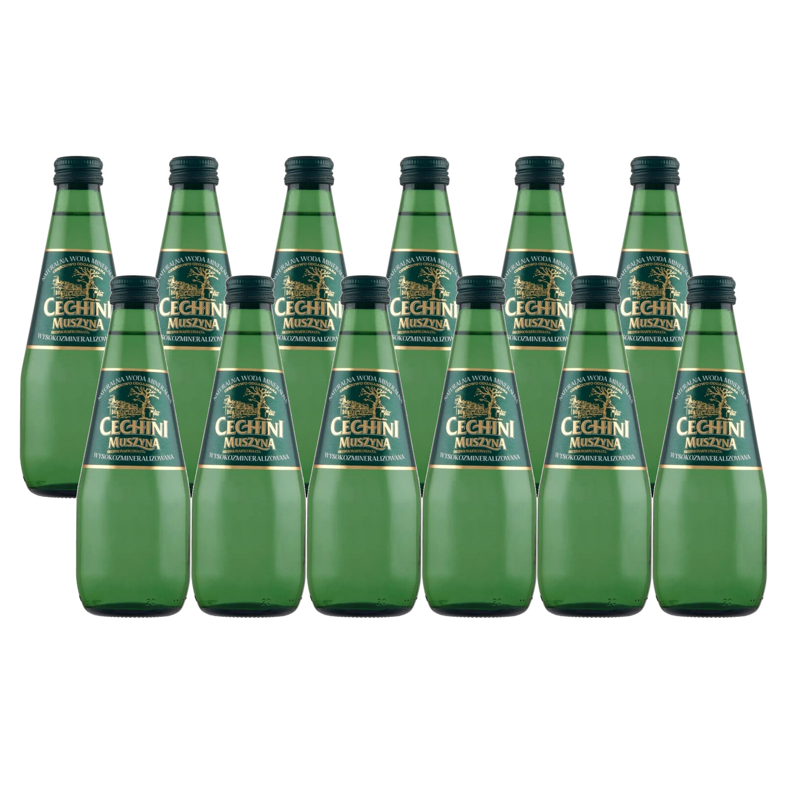 12 x středně nasycená voda Cechini Muszyna s vysokou mineralizací 0,33 l