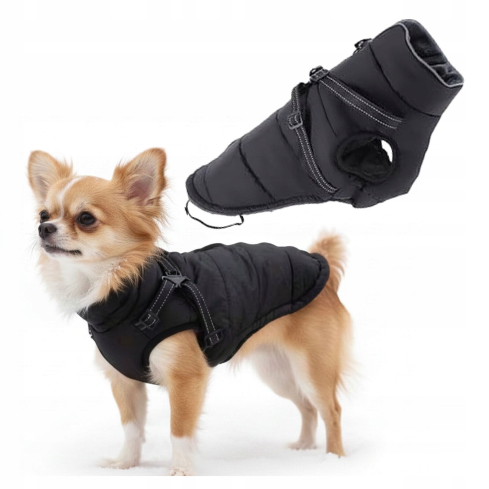 Oblečení pro malého psa na zimu s postrojem 2v1, teplá bunda s odrazem, velikost S