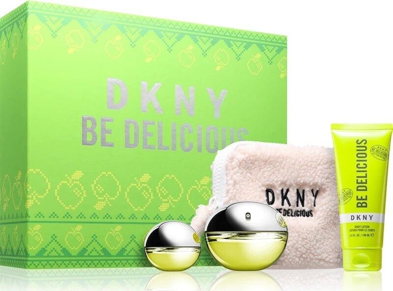 DKNY Be Delicious Woman dárková sada Parfémová voda 100 ml + Tělové mléko 100 ml + Parfémová voda 15 ml + kosmetická taštička