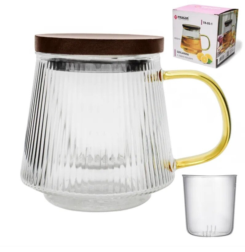 TRAGAR Hrnek sklo 480ml s filtrem a víčkem  TRG05