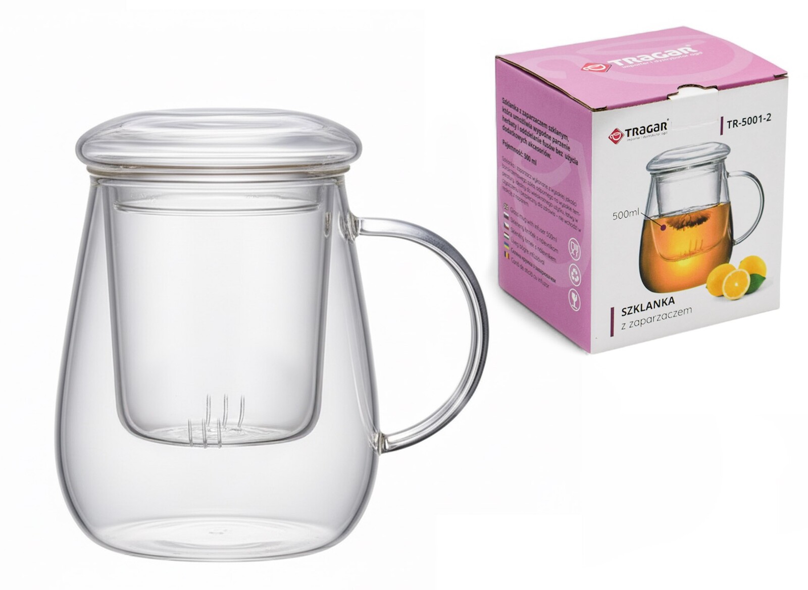 TRAGAR Hrnek sklo 500ml s filtrem a víčkem  TRG5001