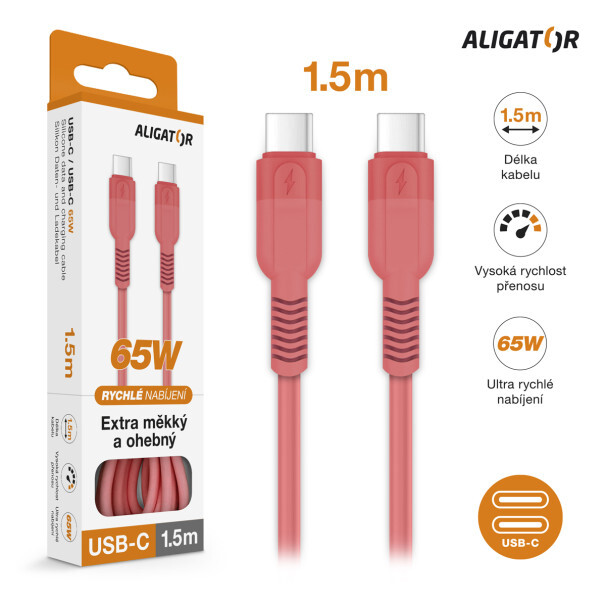 Datový kabel ALIGATOR SoftPastels 3A 65W, USB-C/USB-C, růžová