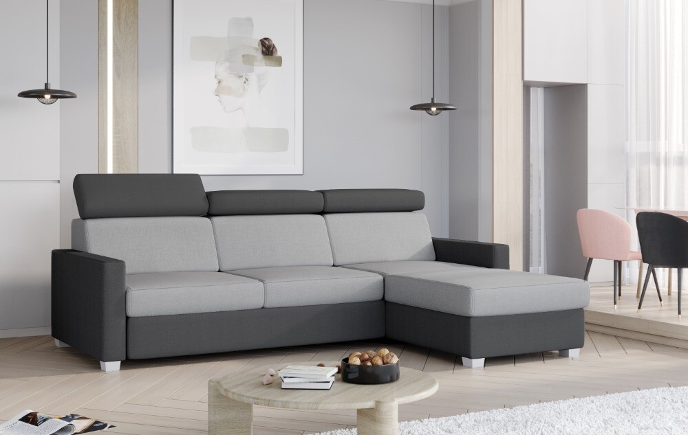 Rozkládací rohová sedačka KATMAI, pravá, sv.šedá látka/tm.šedá látka - II. jakost,POUZE OSOBNÍ ODBĚR