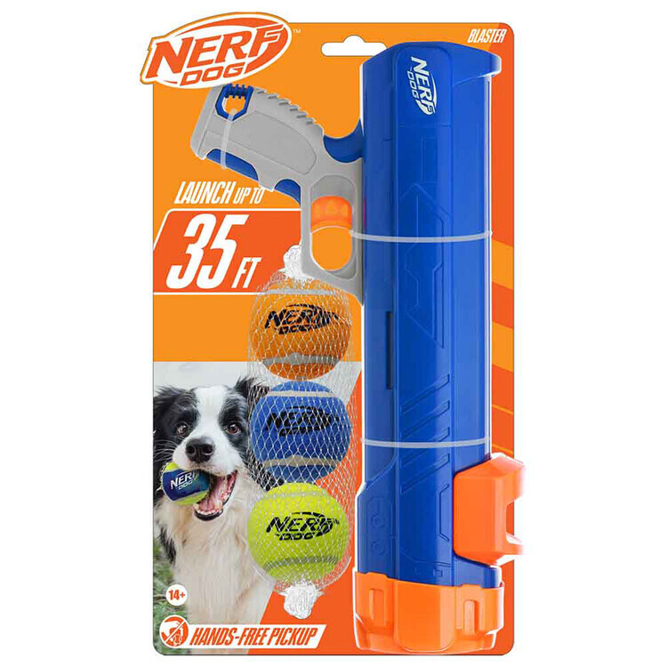 NERF DOG Hračka pro psy Blaster 30 cm bez klipu na míček + 3 ks pískacích tenisových míčků 5 cm