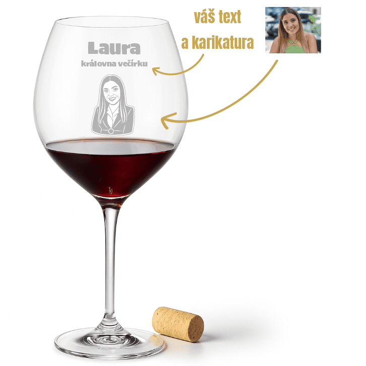 Dekorant Sklenice na červené víno s karikaturou z fotky Uria 750 ml 1KS