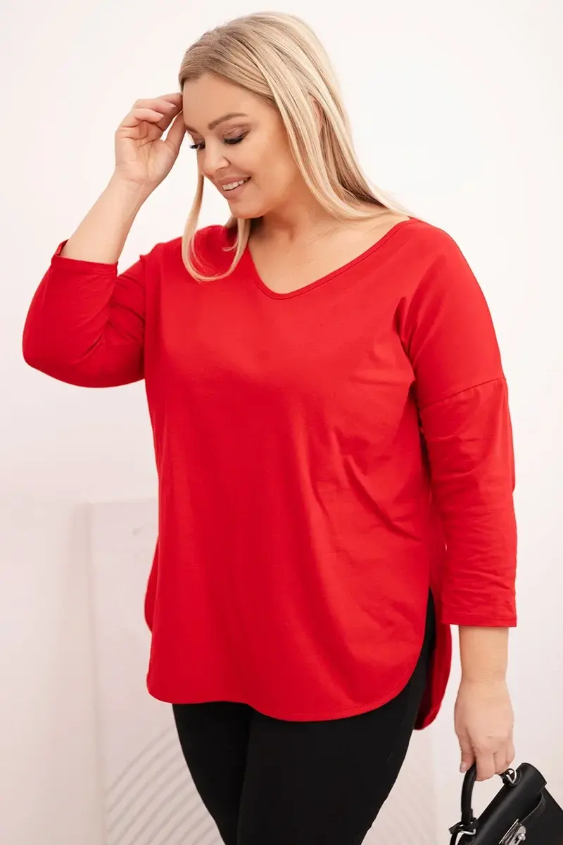 Kesi Dámská bavlněná blůza Plus Size s výstřihem do V a ohrnutým rukávem červená