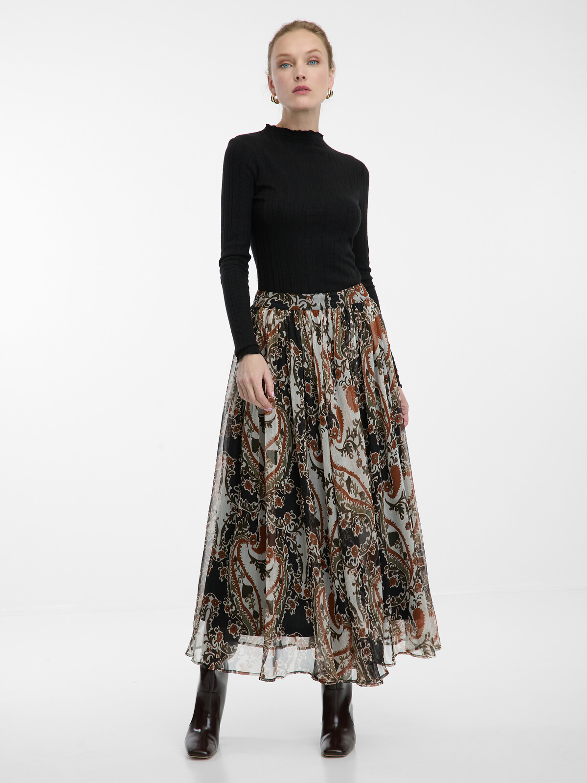 Hnědá vzorovaná midi sukně ORSAY