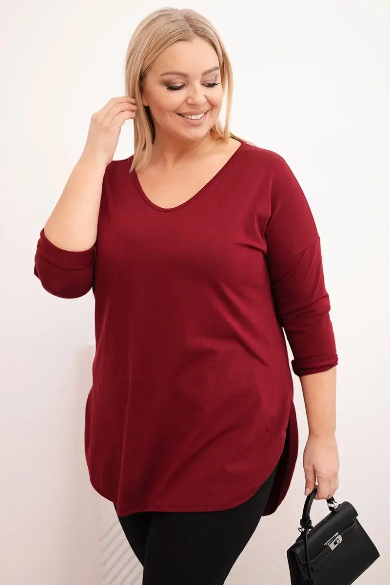 Kesi Dámská bavlněná blůza Plus Size s výstřihem do V a ohrnutým rukávem bordová