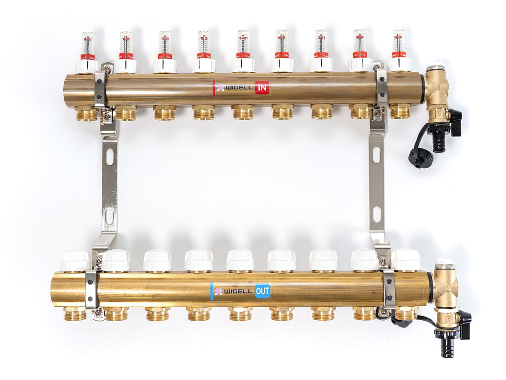 Wigell Podlahový rozdělovač WIGELL, 9 okruhů, mosazný + odvzdušňování na klíč 8481.80.90