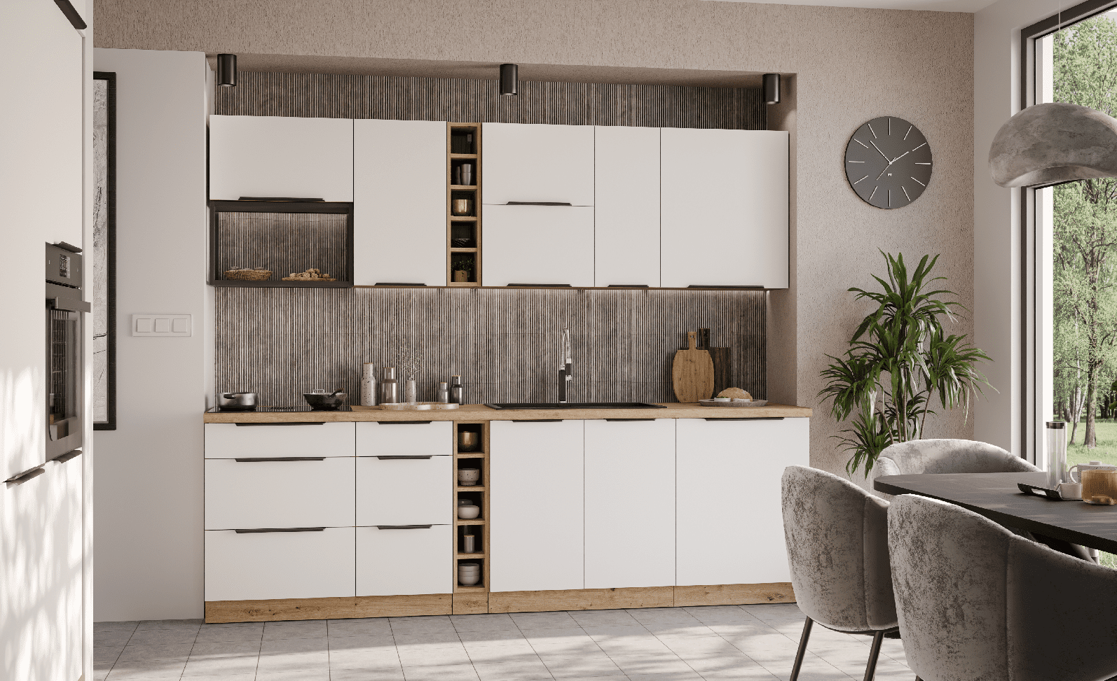 Kuchyňská linka 255 cm Aria 1 - Dub artisan + WH Crystal white AFM