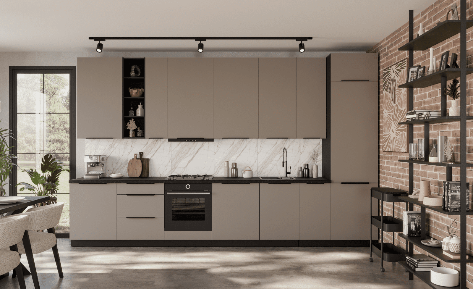 Kuchyňská linka 390 cm Aria 2 - Černá + TA Sandgrau AFM