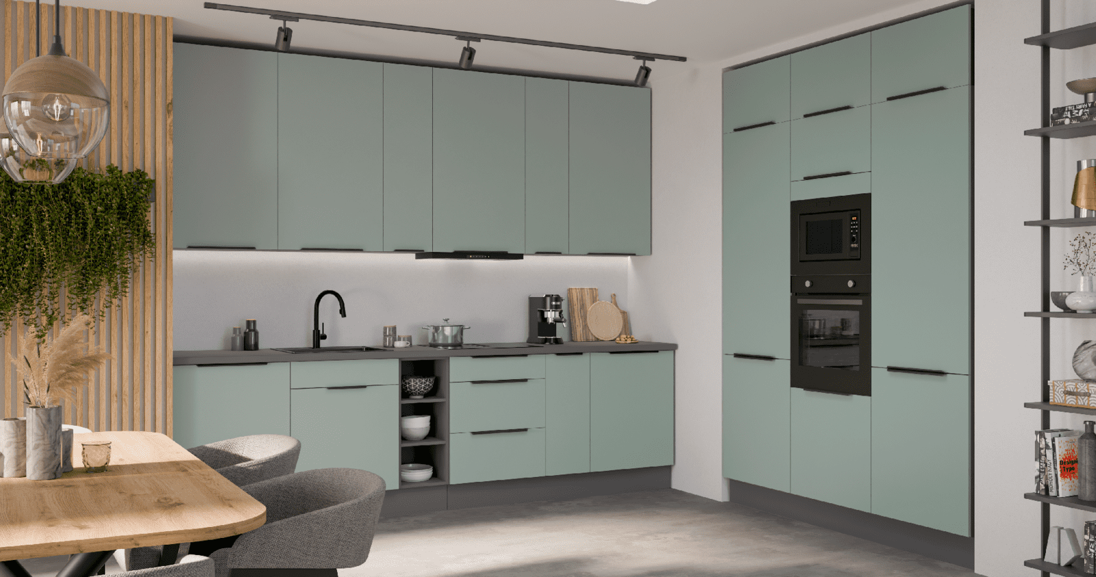 Kuchyňská linka 300x180 cm Aria ANT - Antracit + SA Aquamarine AFM