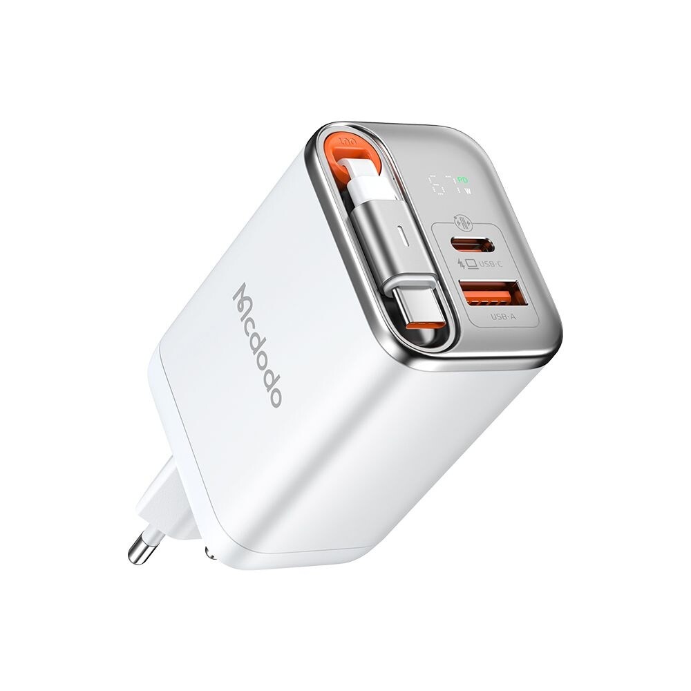 Mcdodo - nástěnná nabíječka FreeGo Series (CH-4103) - vestavěný zatahovací kabel USB-C, USB-A/C, 67W, digitální displej, 65cm - bílá