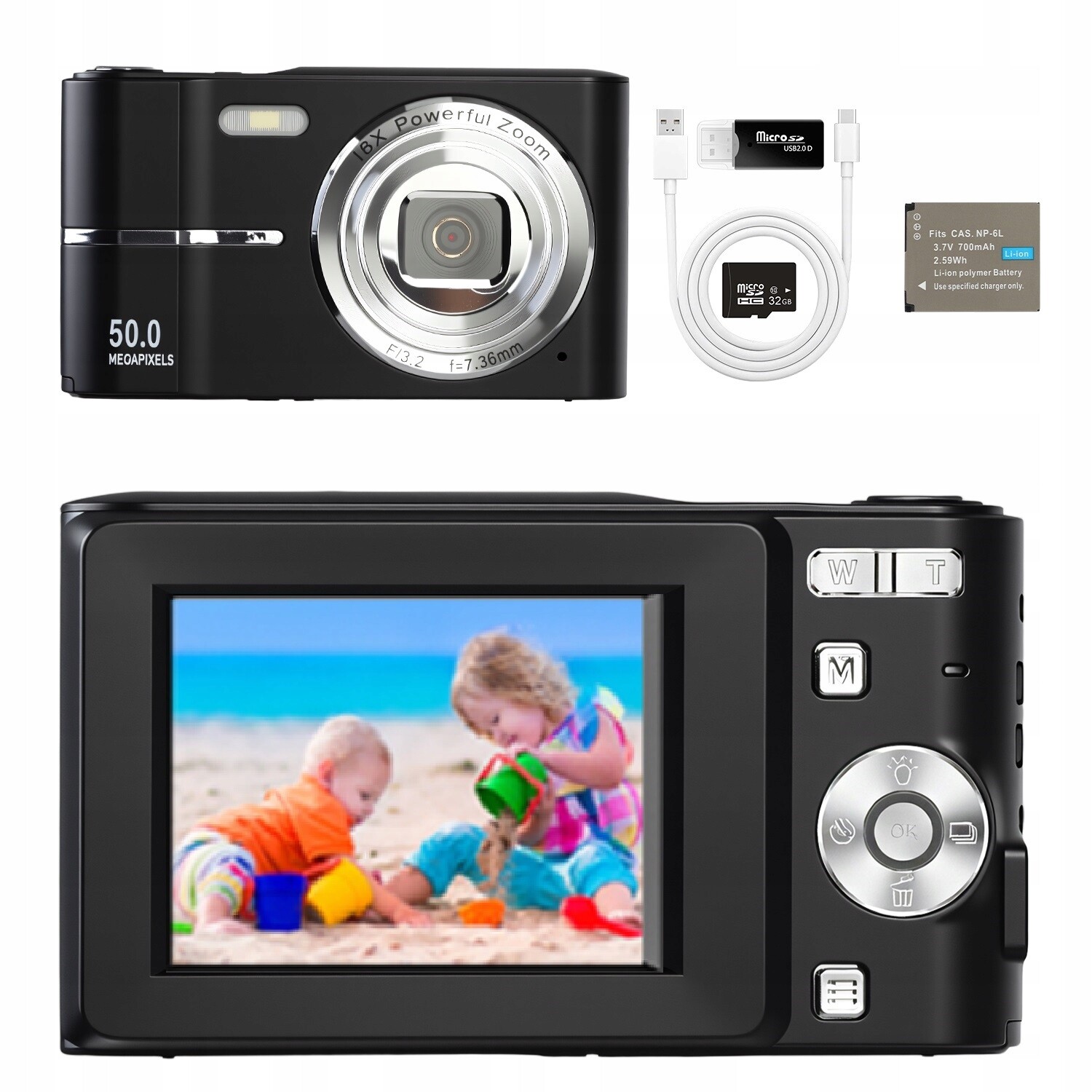 1080P Digitální Fotoaparát S Flash Kartou S 16X Rozpoznáváním Obličejů +aku