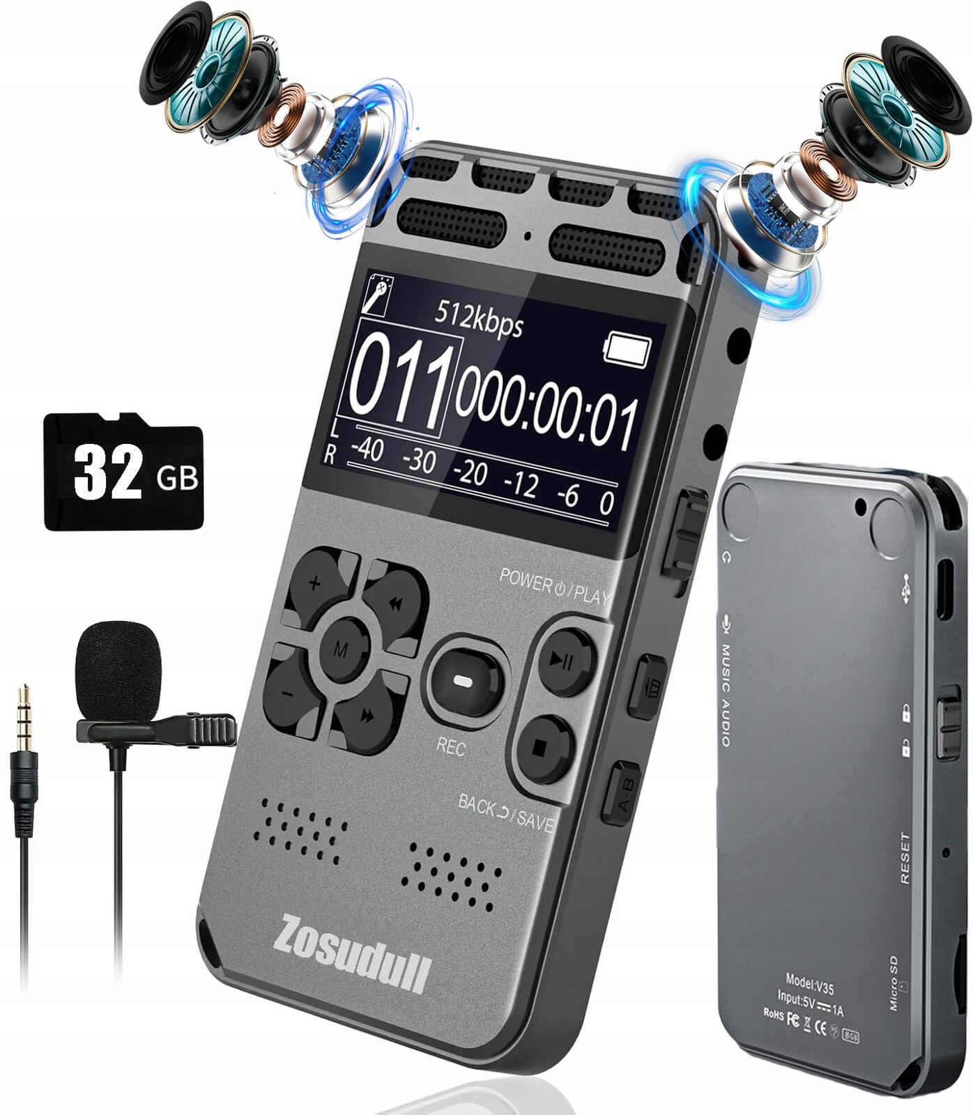 Digitální Špionážní Hlasový Dekorátor MP3 S Redukcí Šumu 2 Mikrofony 32GB 1536 kb/s