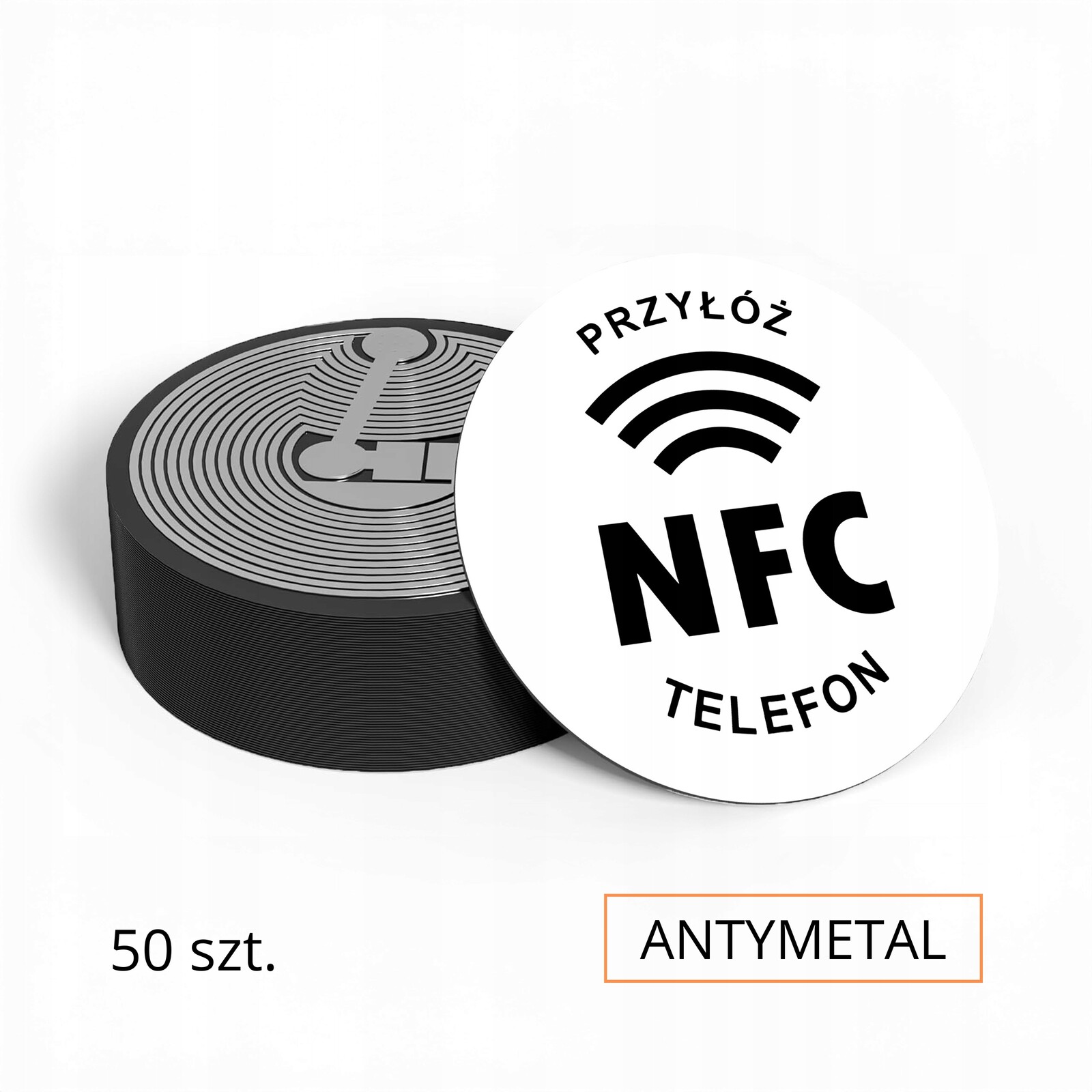 Bílé Nfc tagy Ø25 mm – 50 ks „Přilož telefon“ Antikovové