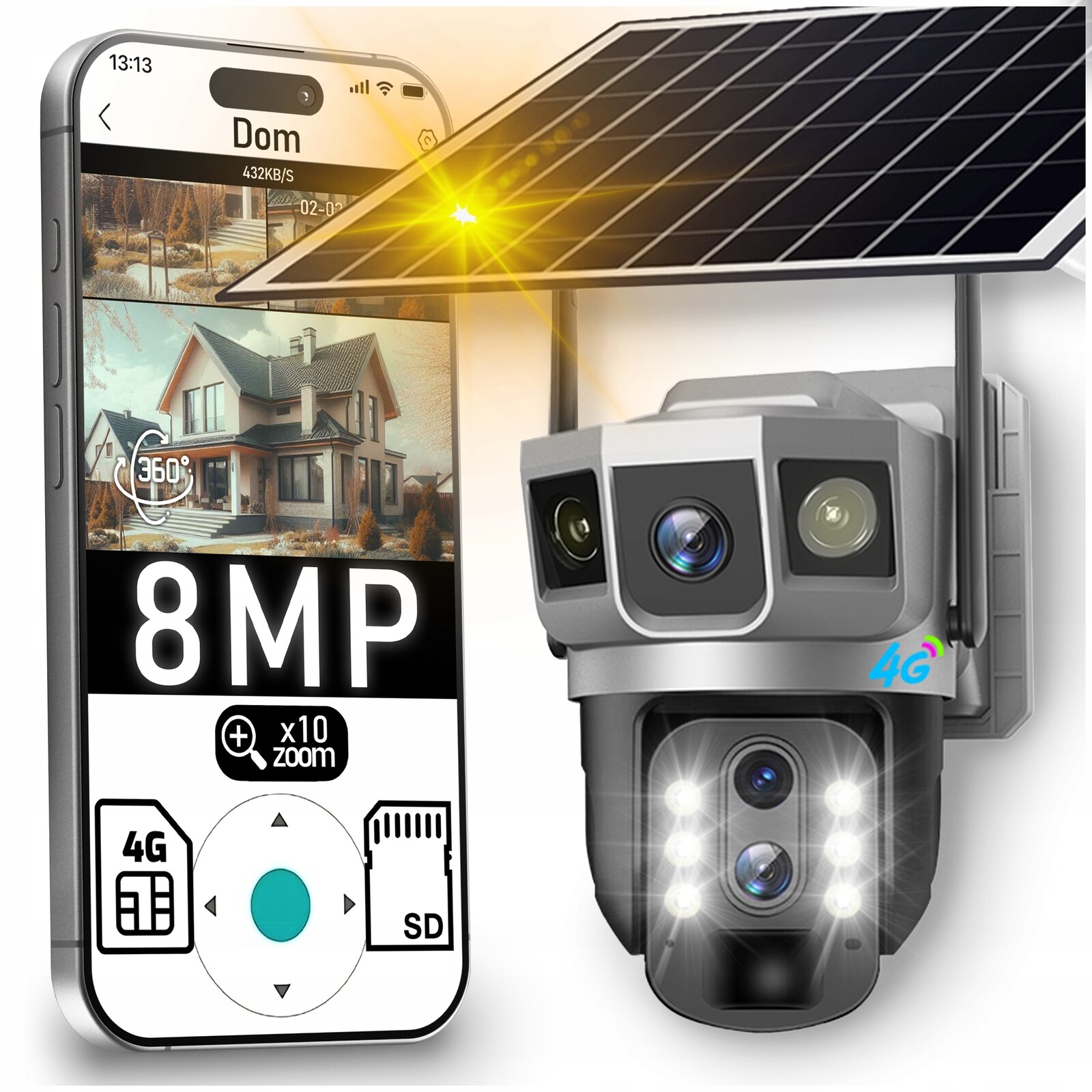 Venkovní Solární Kamera 4K Type-c 3 Obrazovky 8MPx Pro 4G Lte Sim Kartu