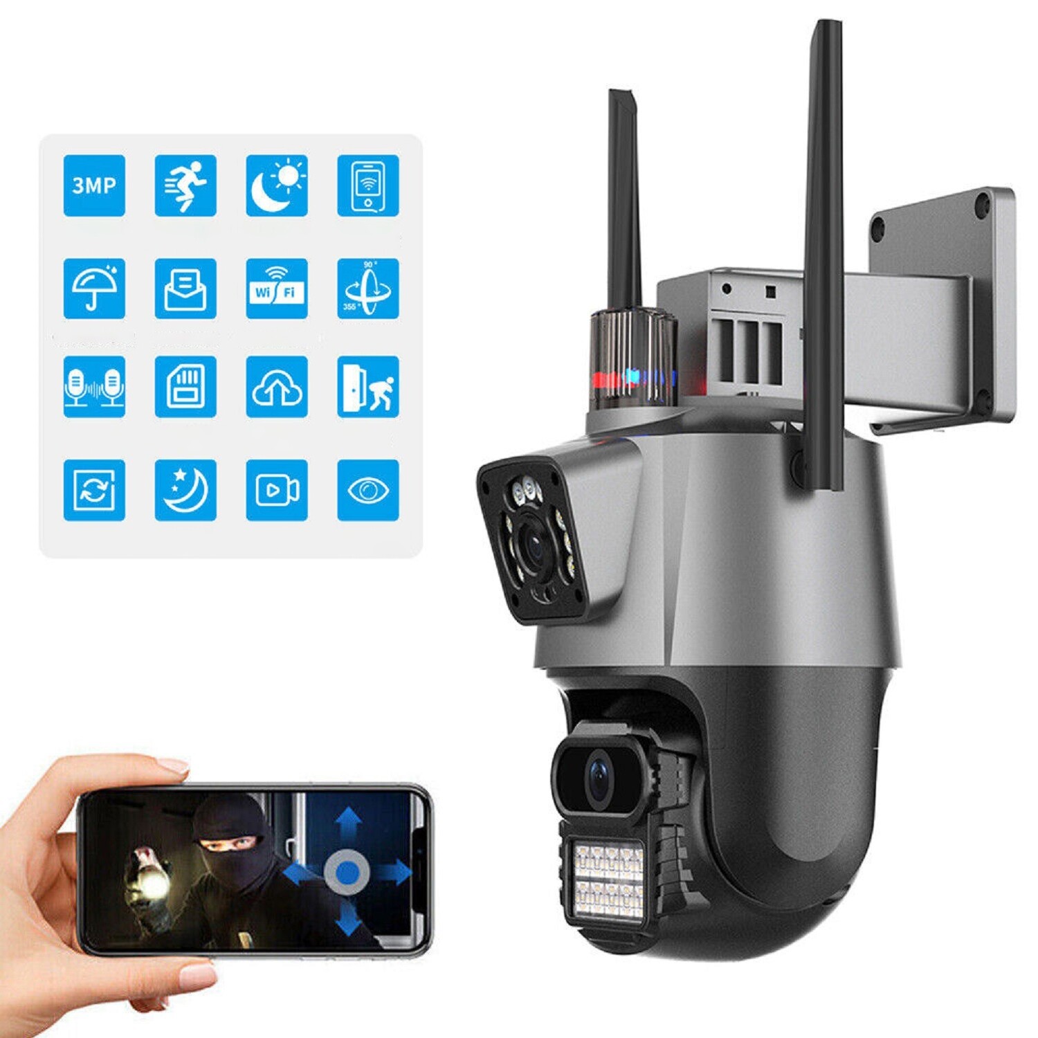 1080P Hd Chytrá Venková 360° Otočná Dvojitá WiFi Alarmová 3MP Ip Kamera