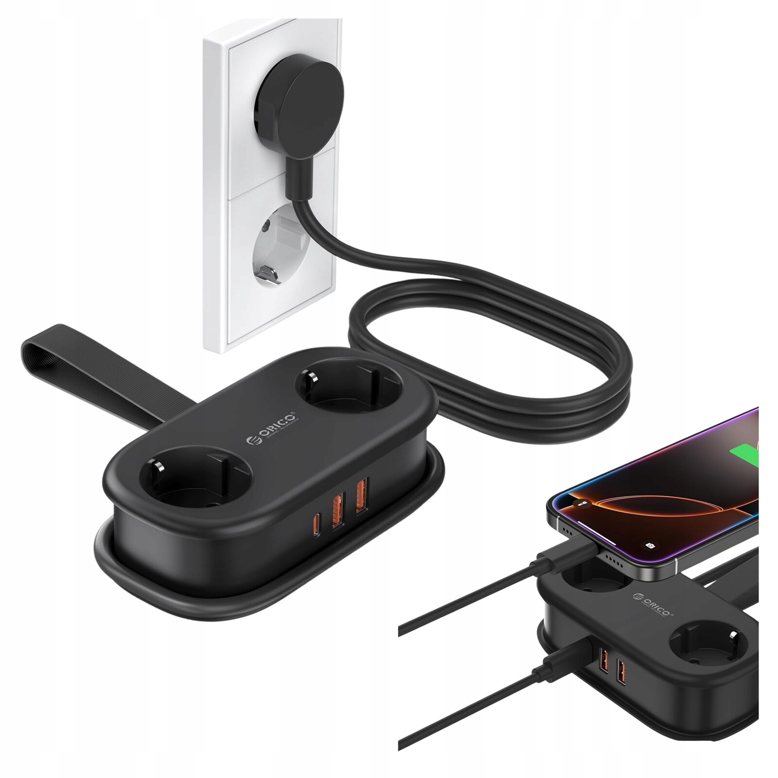 Zásuvková Lišta 5v1 PD20W 2 zásuvky 2 porty Usb 1 Usb C přenosná černá