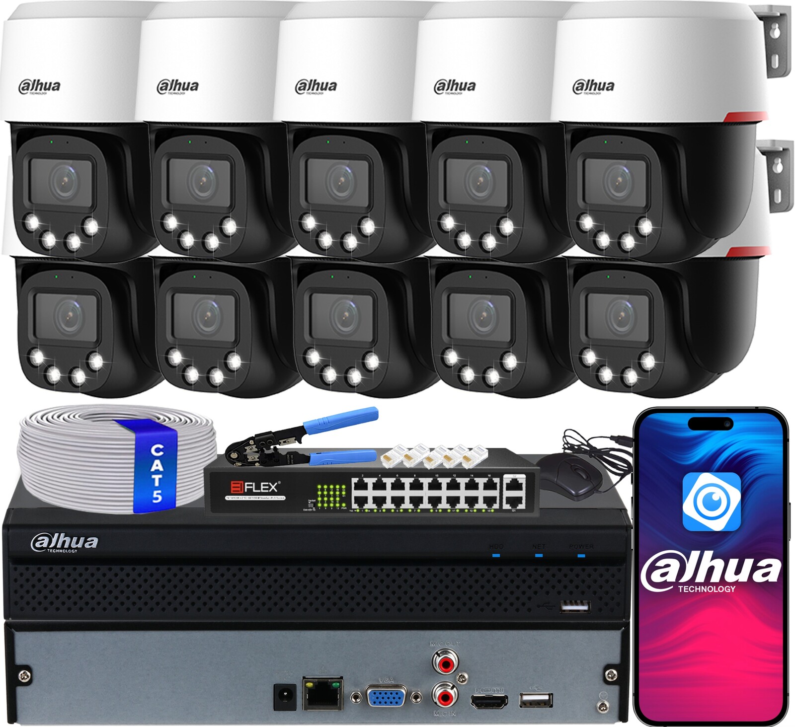 Monitorovací sada Dahua 10x Kamera SD2C400NA-B-PV-PRO Ptz 4Mpx WizColor