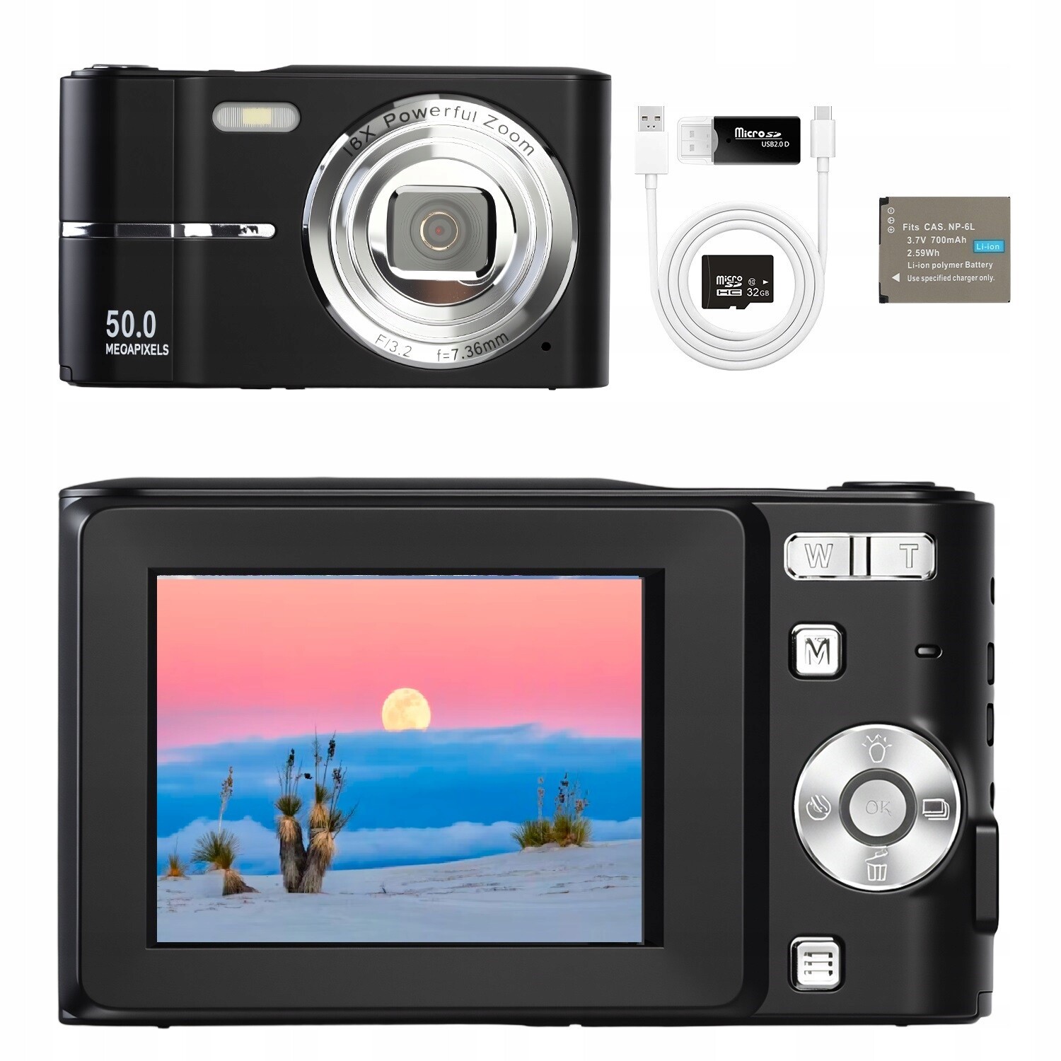 50MP Digitální Fotoaparát Flash Karta S 16X Rozpoznáváním Obličejů 32GB+ Aku