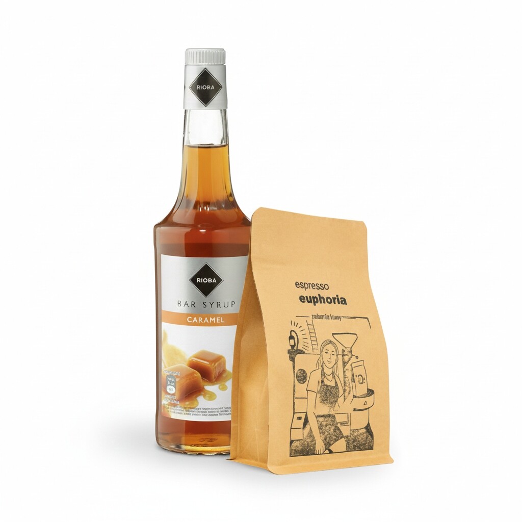 Sirup Rioba Karamel 700 ml Káva zrno Espresso Euphoria Brazílie Santos 500 g