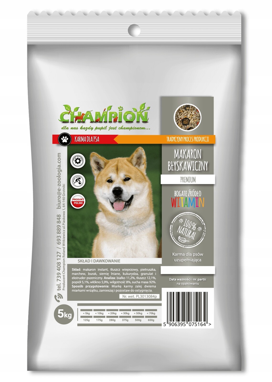 Suché krmivo Champion s těstovinami instantní bio 5 kg pro psy