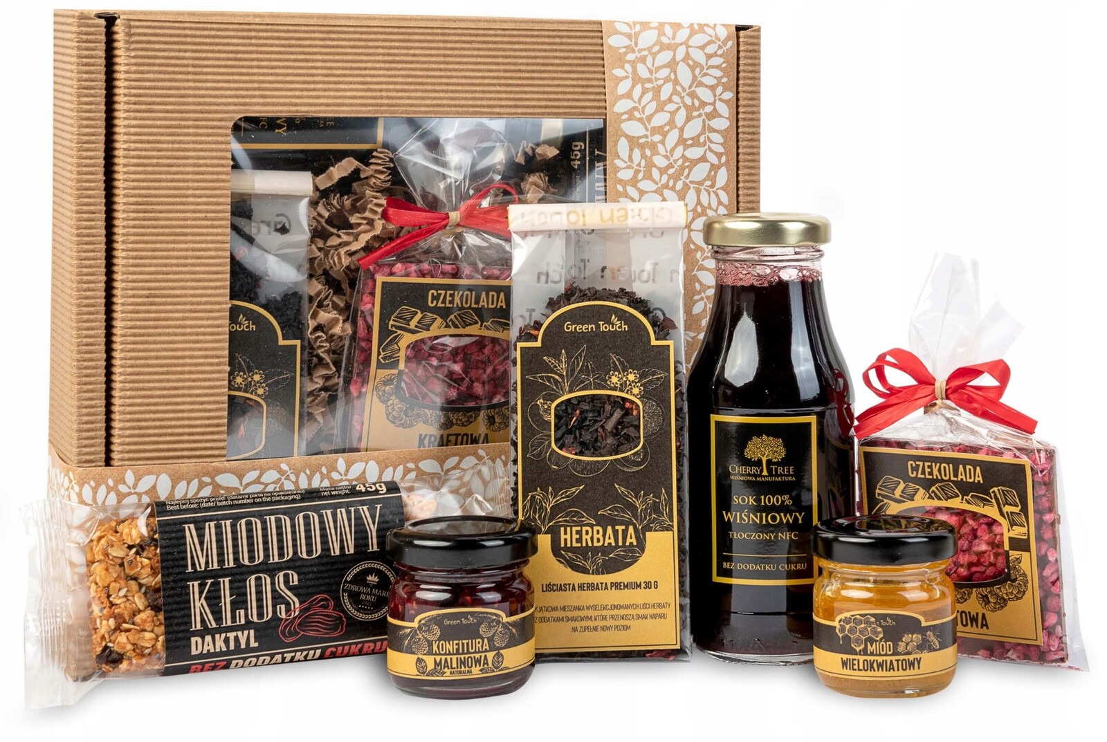 Dárková sada Green Touch čaj džus čokoláda med tyčinka