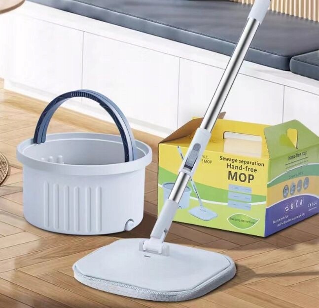 Plochý Čtvercový Mop S Rotačním Kbelíkem A Odtokem, Návlek Z Mikrovlákna