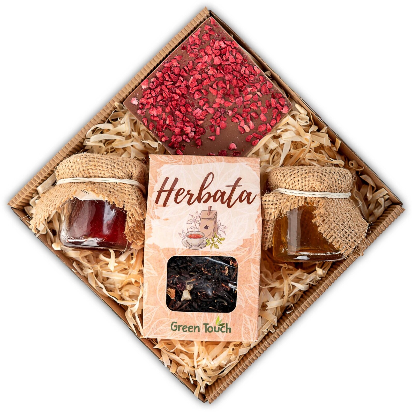 Dárková sada Green Touch s čajem, medem, konfiturou a čokoládou