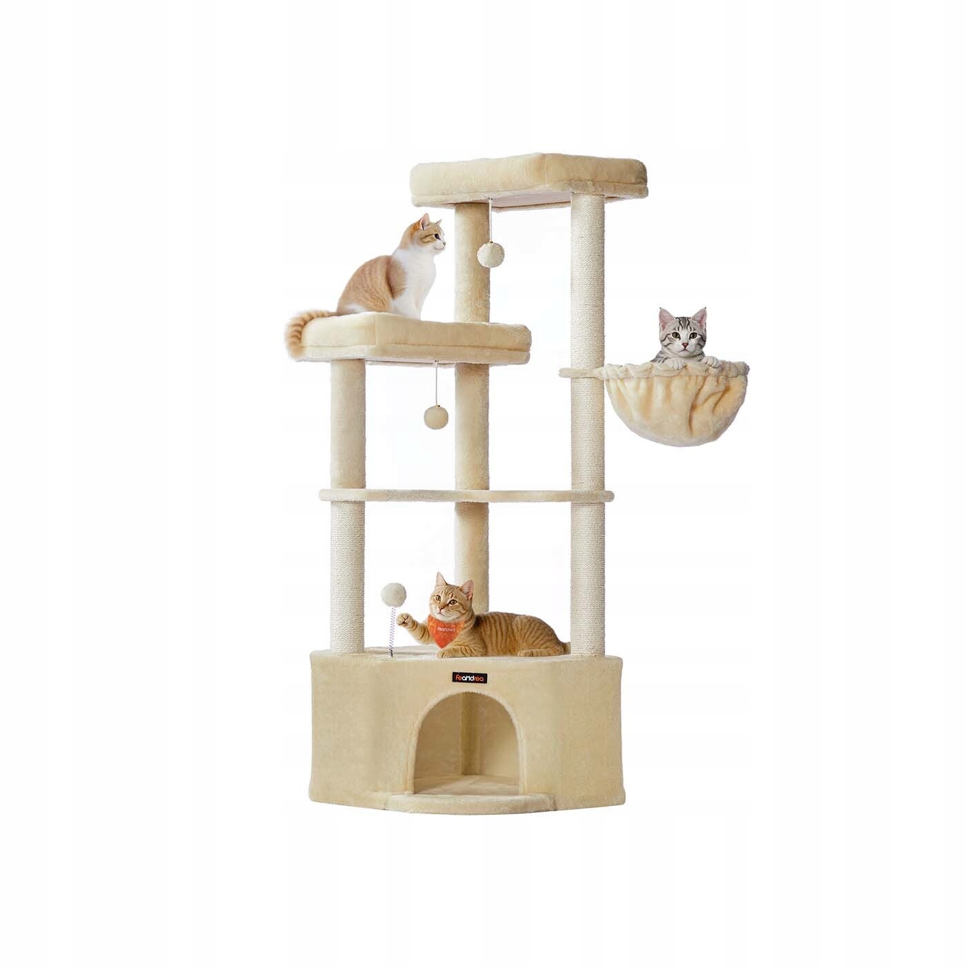 Škrabadlo pro kočky 48,5 x 48,5 x 140,7 cm s plošinovou jeskyní a plyšovými míčky