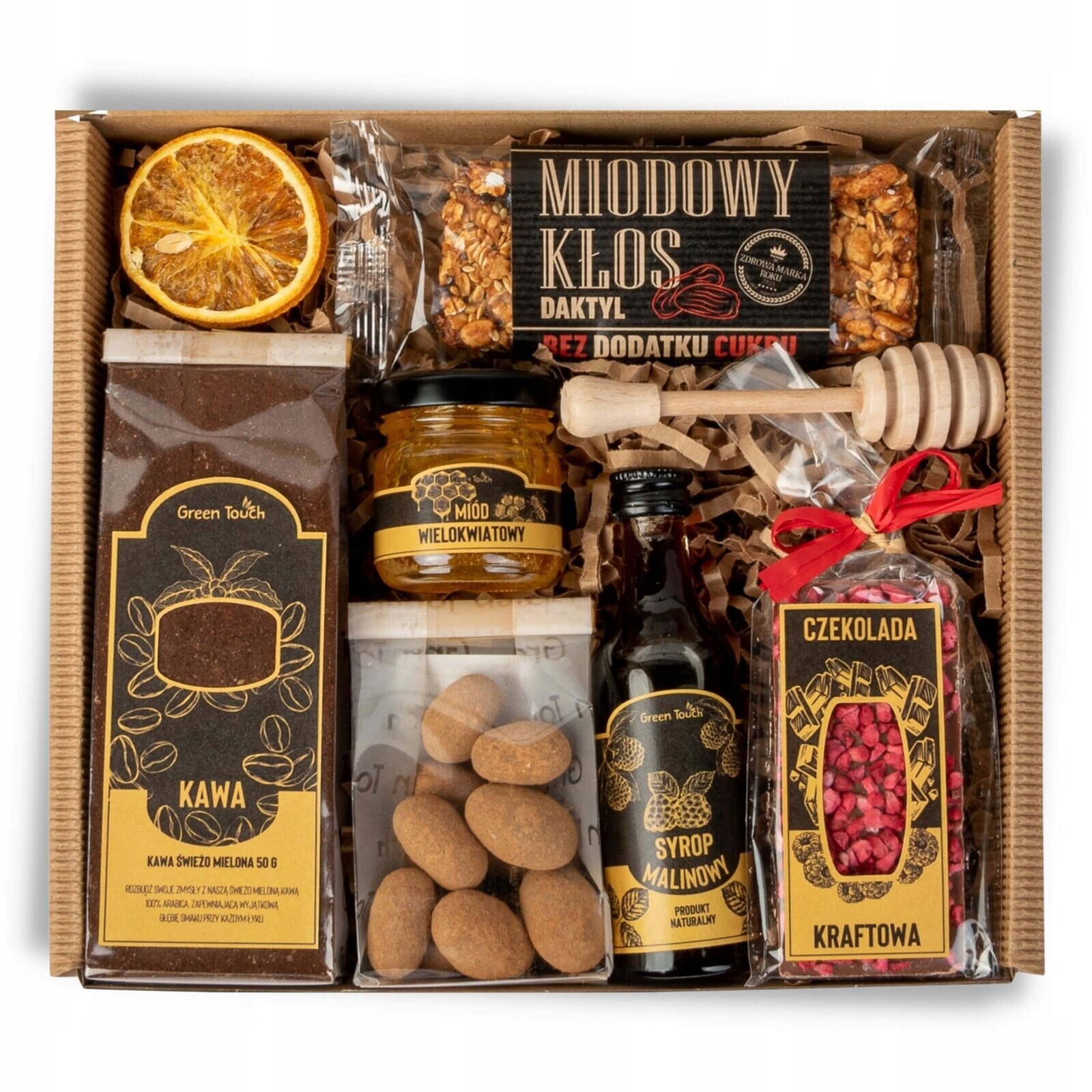 Dárková sada Green Touch káva med sirup čokoláda tyčinka mandle kraft