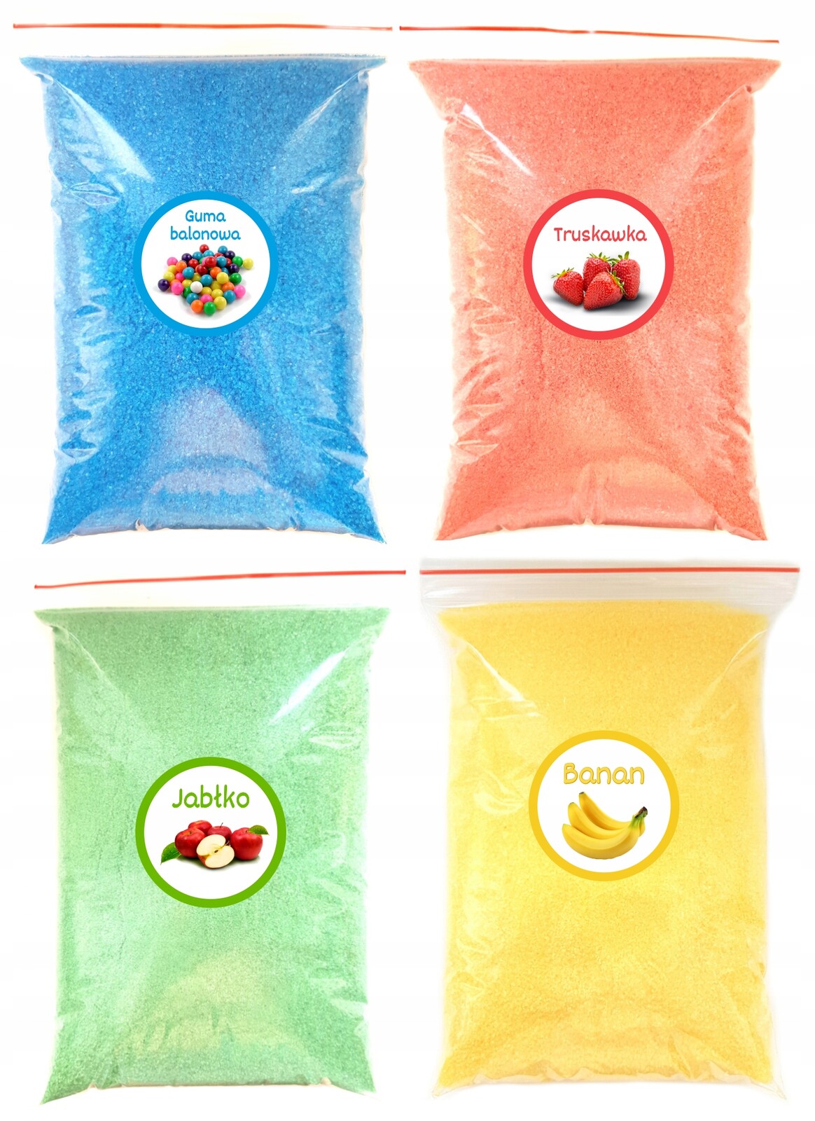 Barevný a ochucený Cukr 4x 1 kg Doypack Sada na výrobu cukrové vaty