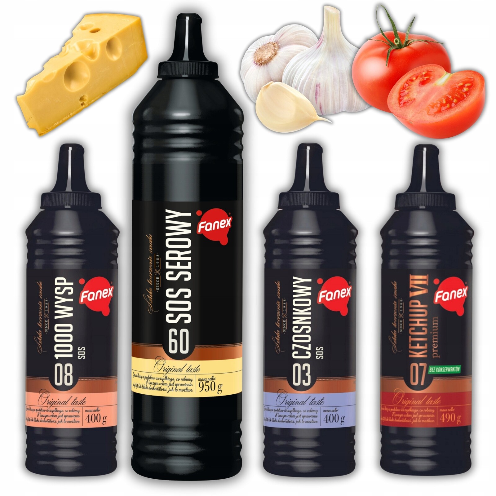 Omáčka Fanex Sada 4 omáček 2240 g: česneková, 1000 ostrovů, sýrová, kečup