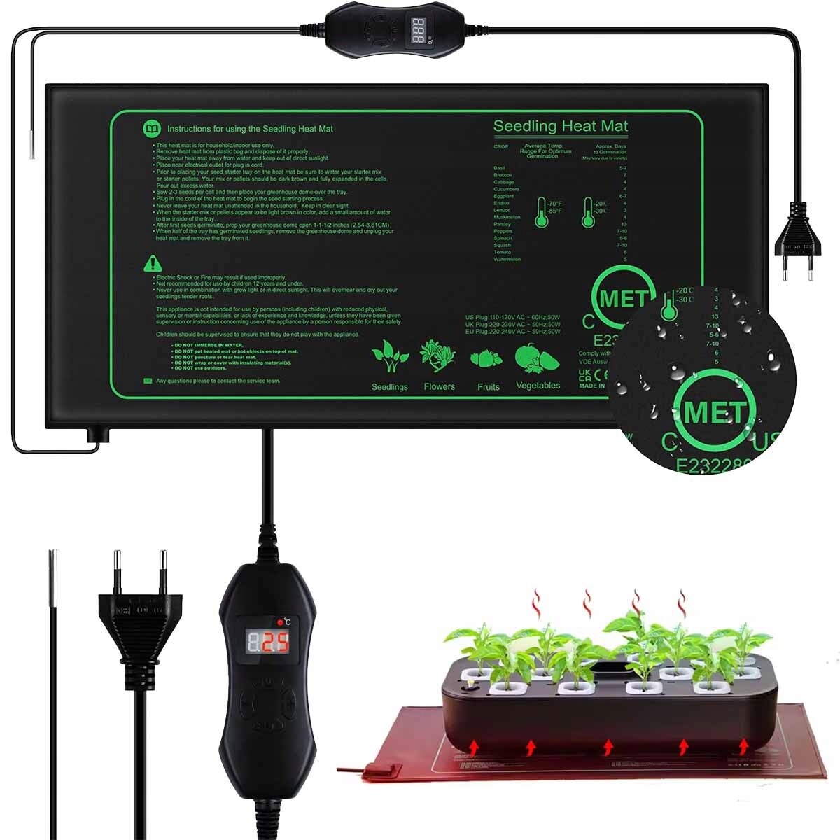 Topný Rohož S Termostatem Terárium Rostlin Sazenice 52x24 cm 50 W