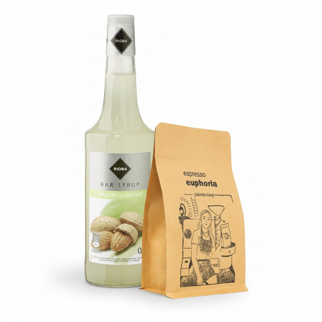Sirup Rioba Mandle 700 ml Káva Espresso zrno Euphoria Brazílie Santos 500 g